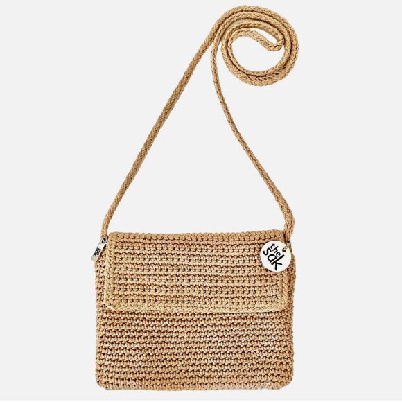THE SAK METALLIC GOLD BEIGE TAN CROCHET WOVEN FLAP BAG SMALL CROSSBODY PURSE EUC - Picture 1 of 14